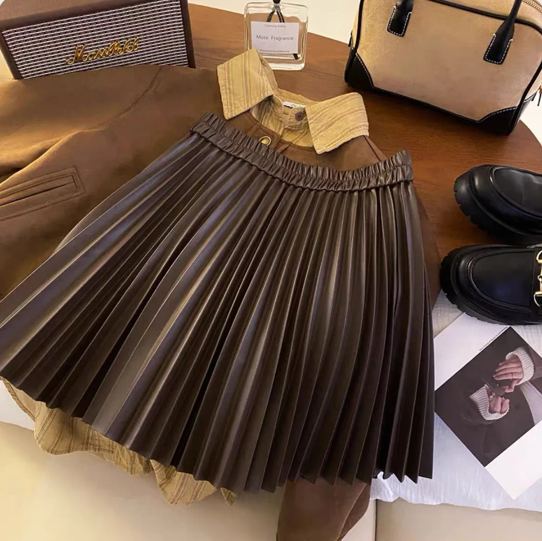 Skirts Girls Spring Autumn New PU Leather Pleats Short Korean Fashion Elastic Waist Children Clothing 2024 loose