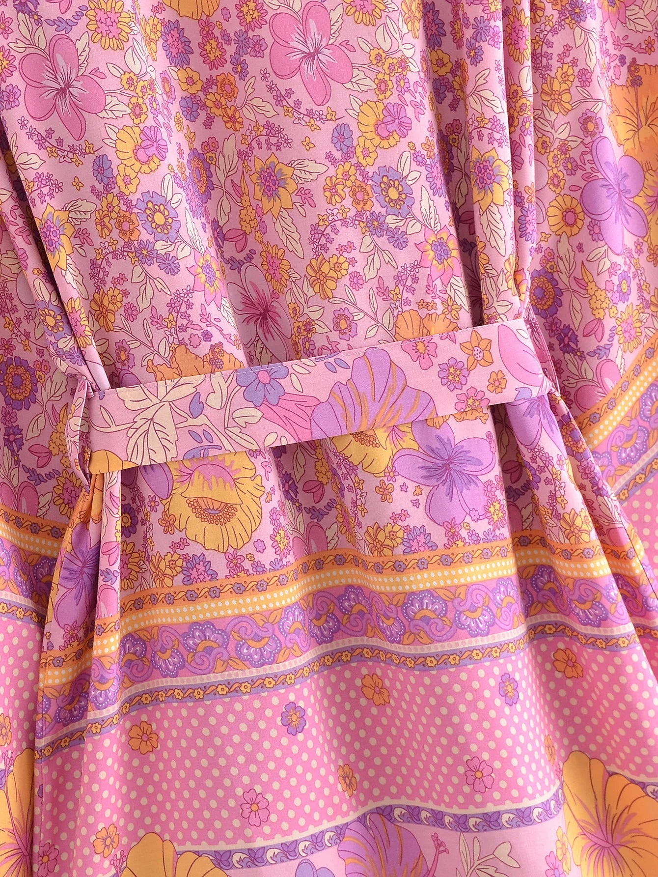 BOHO Women Blue With Pink Flower Print Kimono Shirt Holiday Tide Bow Sashes Mid Long Cardigan Summer Blouse Beach Cape