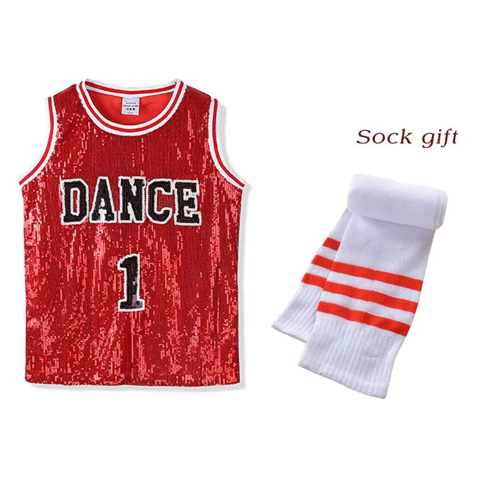 LOlanta Girls Hip Hop Dance Clothes Kids Jersey Sequin Dress Long Tank Top Jazz Cheerleading T-Shirt