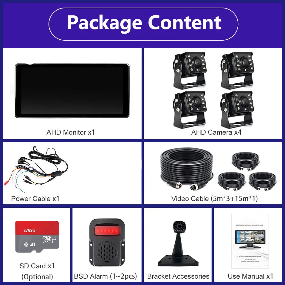 10.36 inch 4 Channel Car DVR Recorder Smart Blind Spot Radar BSD Alarm Monitor With 1080P AHD 4 Backup Cameras For Truck Bus