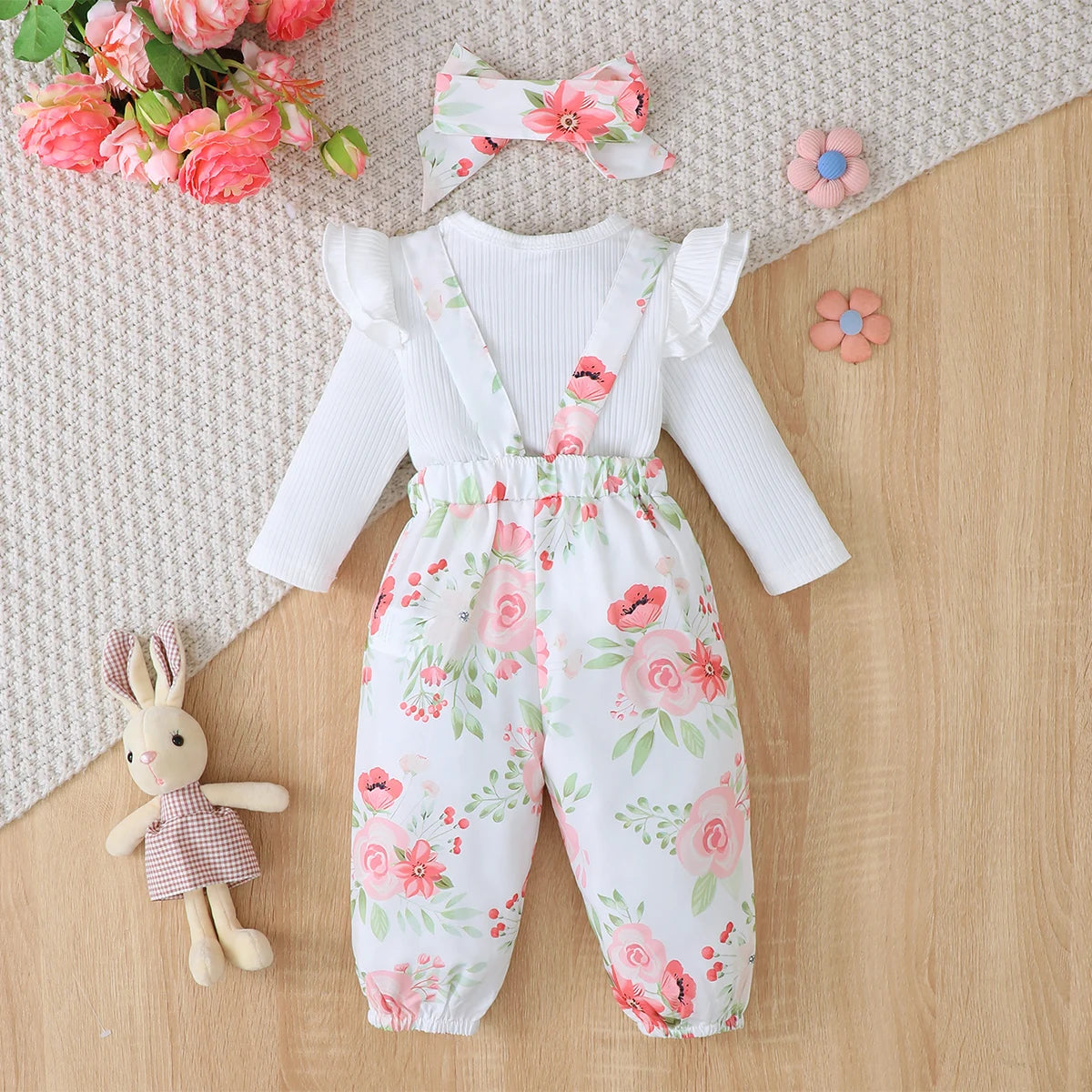3PCS Clothes Outfits for 1-24Months Newborn&Toddler Baby Girl Long Sleeves Romper+Flower Strap Pants Cute Christmas Costume