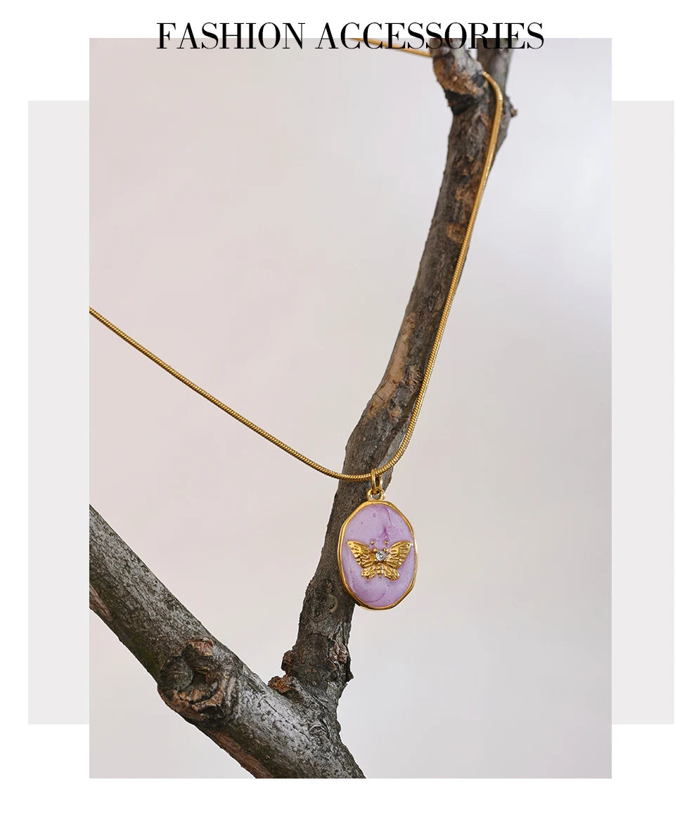 Yhpup Pink Enamel Butterfly Gilding Geometric Pendant Stainless Steel Collar Fashion Necklace for Women Korean Chic Jewelry Gift