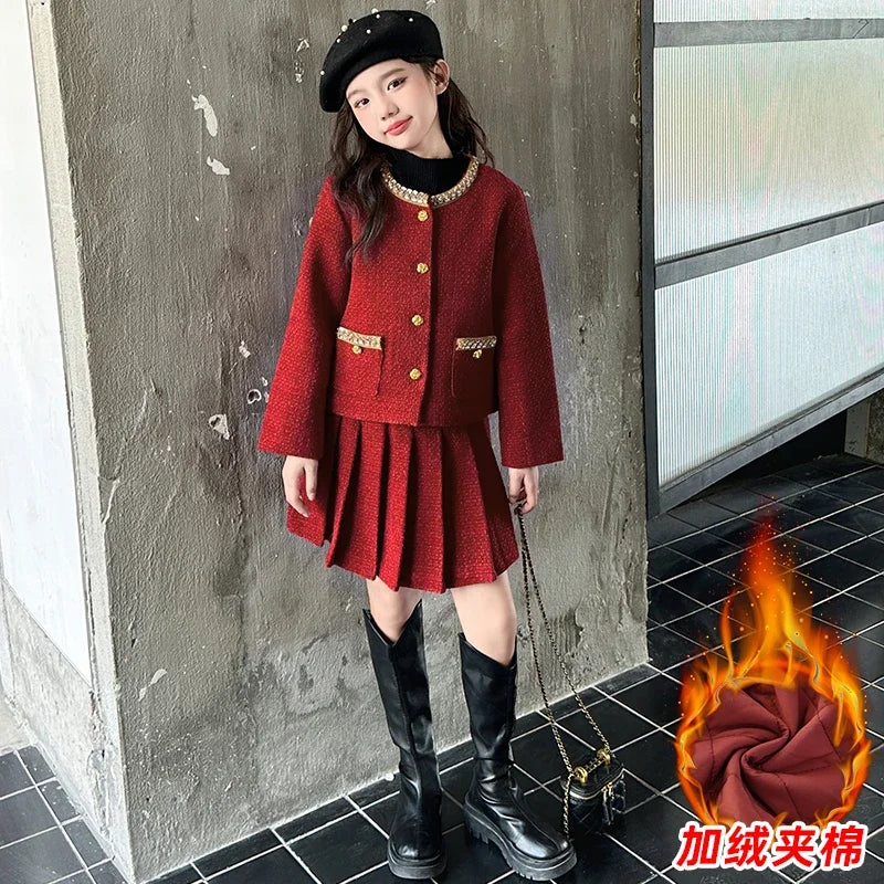 design winter teen girl clothes set beaded round neck jacket+Pleated skirt 2pcs Christma junior children outfit kids suit 4-14
