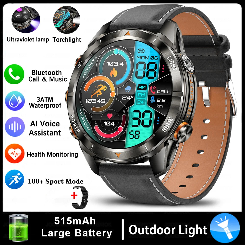 Military Smart Watch Men 10ATM Waterproof 1.46" AMOLED Screen LED Flashlight 515mAh Battery Heart Rate Sport BT Call Smartwatch