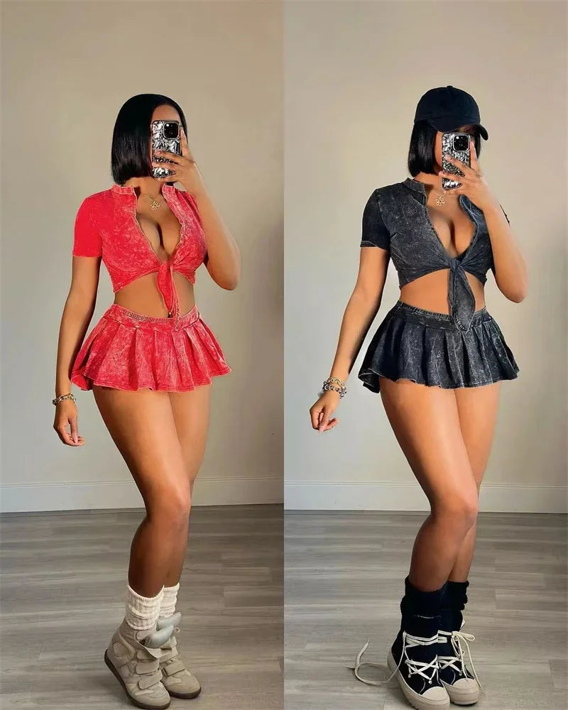 Streetwear Party Club Co Ord Sets for Women 2 Piece Set Outfit Summer Lace-up Crop Top and Mini Skirt Sets Conjuntos Para Vestir