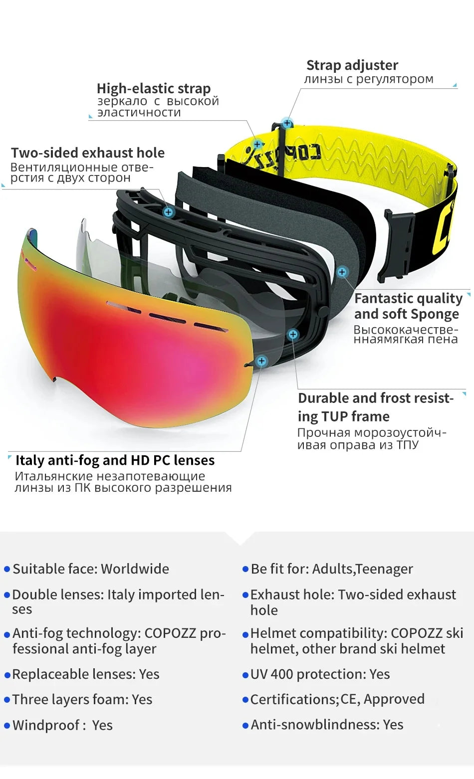 COPOZZ Brand Ski Goggles Men Women Snowboard Goggles Glasses For Skiing UV400 Protection Skiing Snow Glasses Anti-Fog Ski Mask