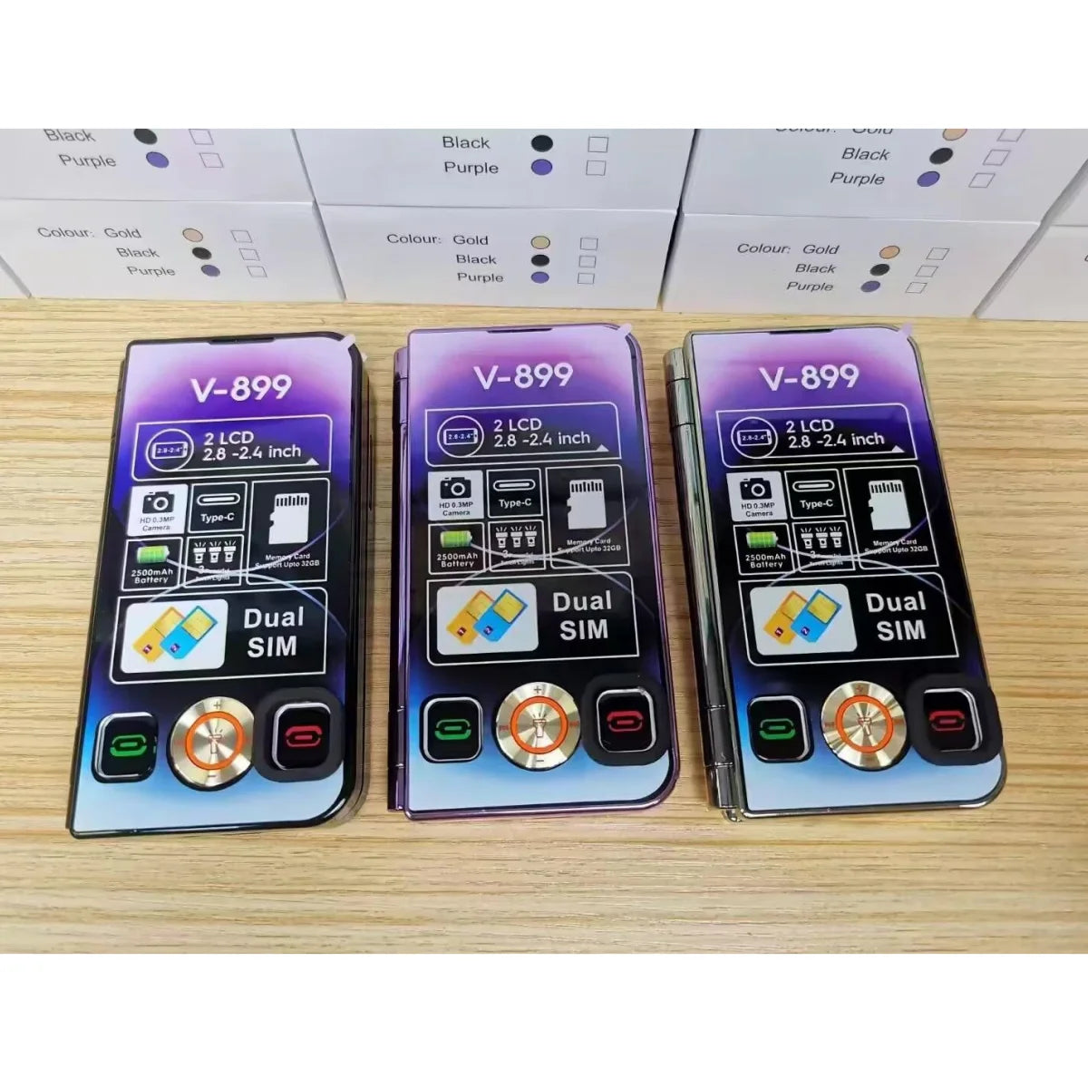 V-899 Bluetooth Folding 2G Cellphone 2.8``2.4``Dual Screen Display MTK6261A 32MB RAM 64MB ROM Dual SIM 3.0MP Type-C Torch Phone