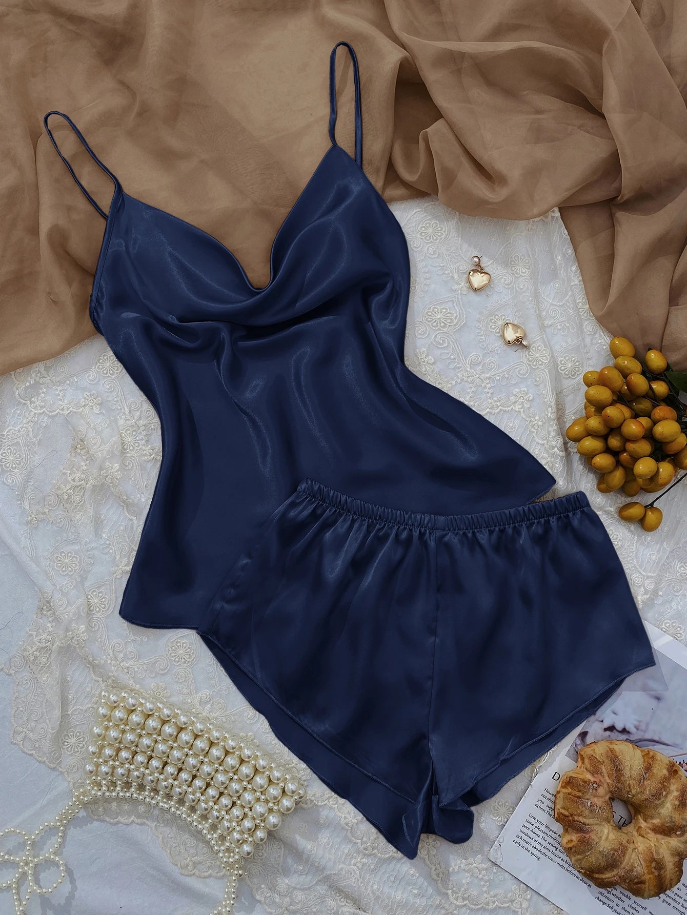 Solid Satin Pajama Set  V Neck Cami Top   Elastic Waistband Shorts Women's Sleepwear  Loungewear