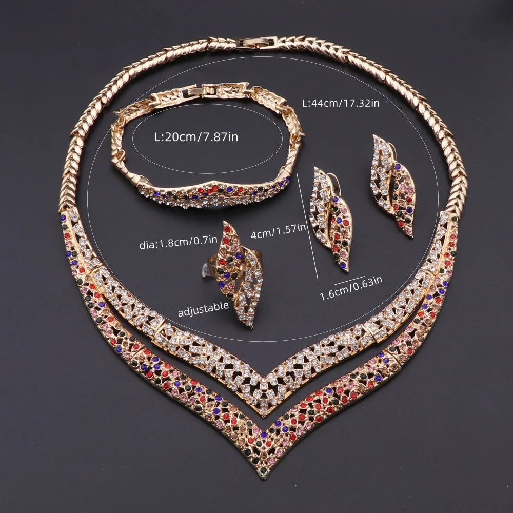Dubai Gold Color Jewelry Set Fashion Women Necklace Earrings Bracelet And Ring 4PCS Set Jewelry Wedding Party Gift
