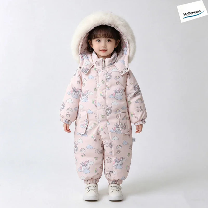 Baby Hooded One‑Piece Snowsuit Faux Fur Trim Windproof Waterproof Animal Print Warm Winter Zipper Jumpsuit Romper For Boys Girls
