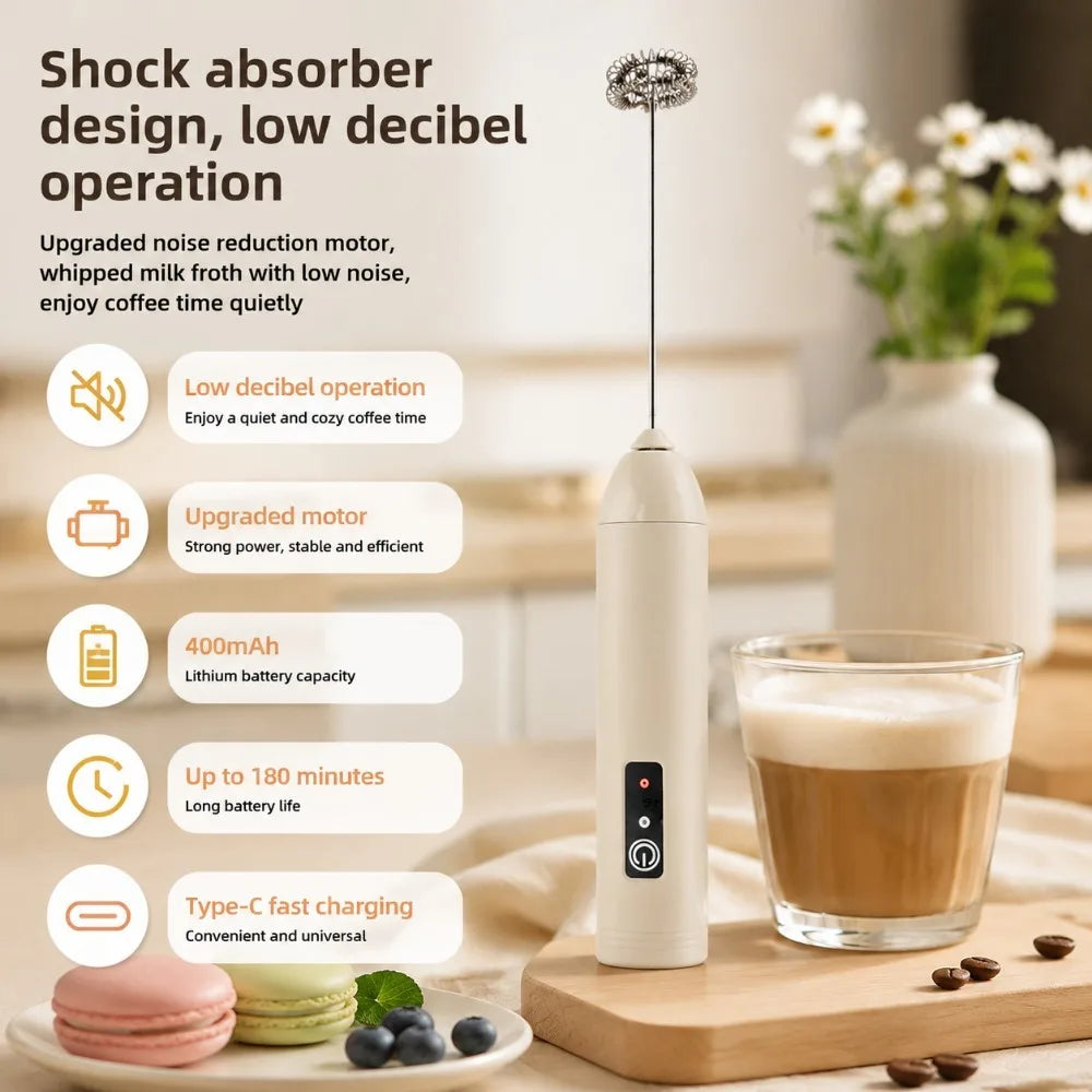 Electric Coffee Frother 2 In 1 Rechargeable Type-C Blender Stainless Steel 3 Speeds Milk Mixer Egg Beater Handheld Foam Maker