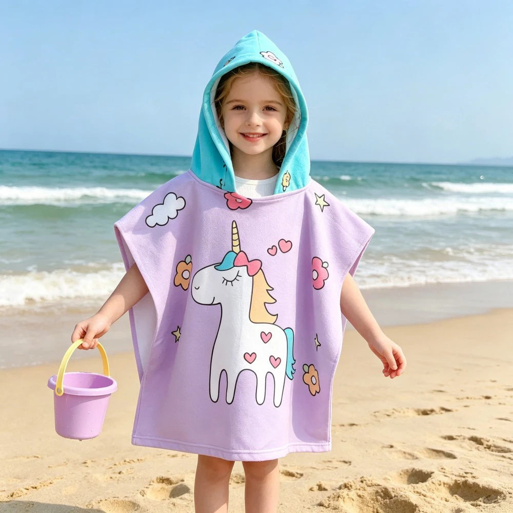 60-120cm Kids Hooded Bath Beach Poncho Towels Baby Quick Dry Bathrobe Child Cartoon Cloak Poncho Towels Microfiber Swim Cover-up
