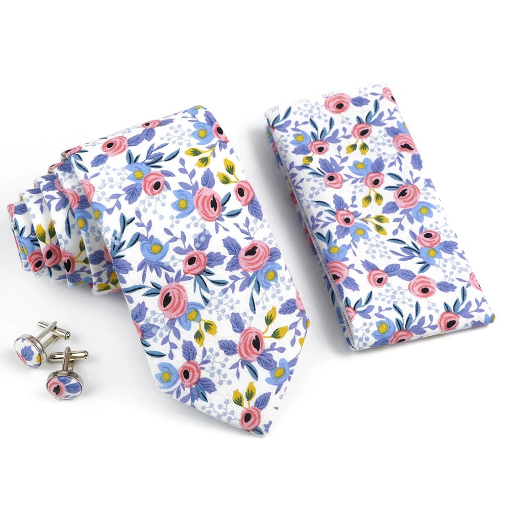 Hot Sell 3PC Chic Elegant Floral Tie Set Pocket Square Cufflinks For Men Women Wedding Party Dinner Suit Tuxedo Accessory Gift