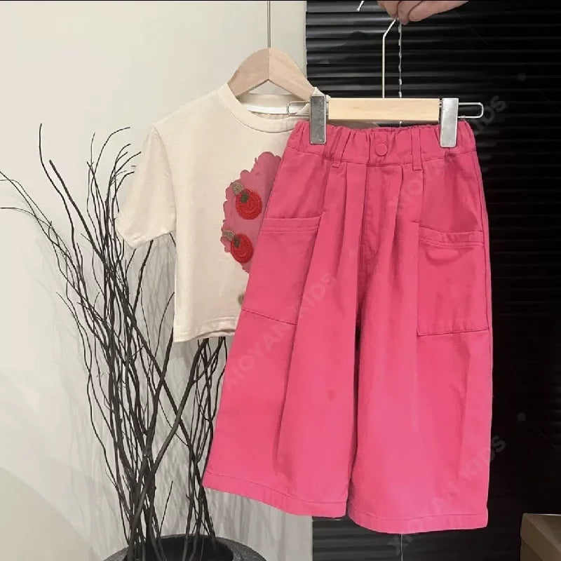 Girls Wide-Leg Pants Spring Summer 2025 New Apron Straight Pants Children Loose Casual Trousers Unique Kids Clothes 2-8 Years