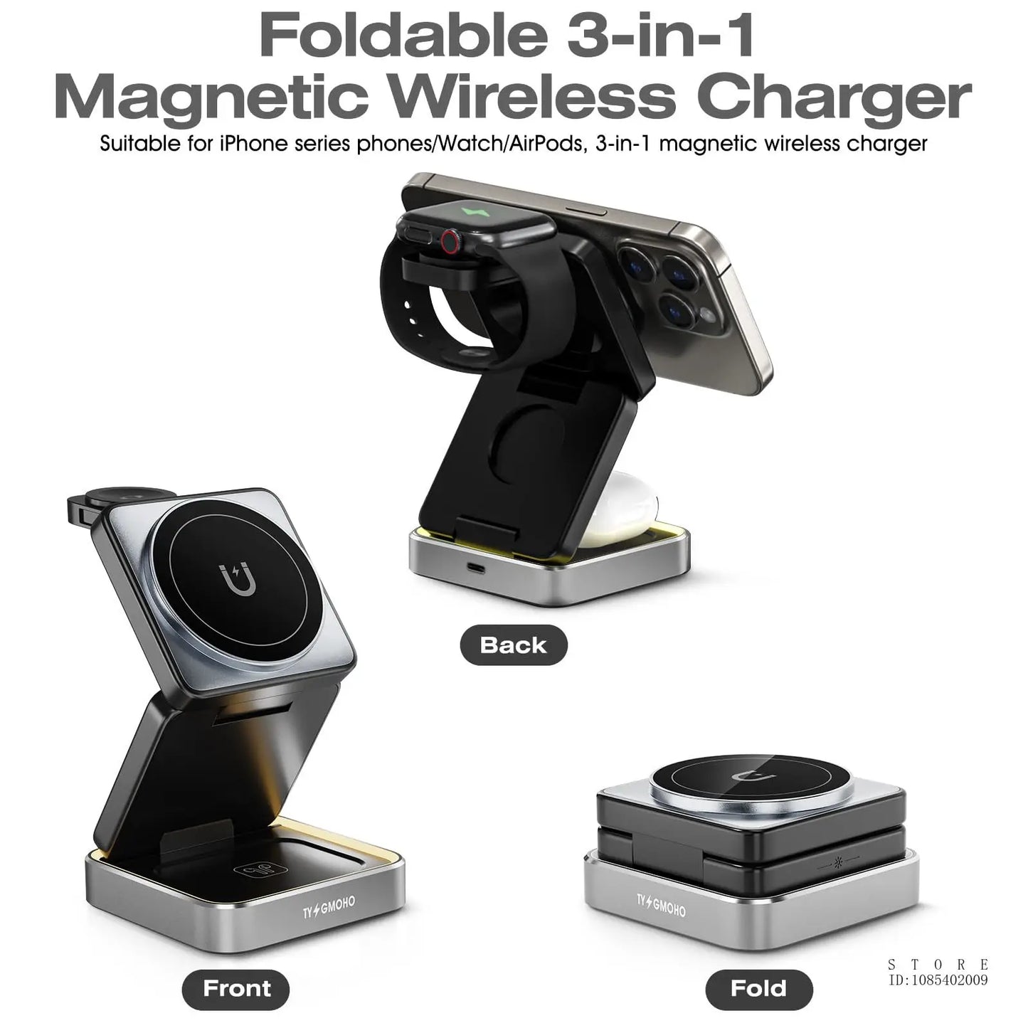 Wireless Charger 3-in-1,Portable Travel Foldable Charger Aluminum Stand for iPhone 15 14 13 12 Pro Max Plus Watch & Airpods