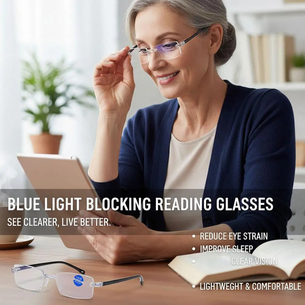 Intelligent Anti-blue Light Reading Glasses Frameless Ultralight Square Frame Cutting Edge Presbyopic Glasses For Men and Women