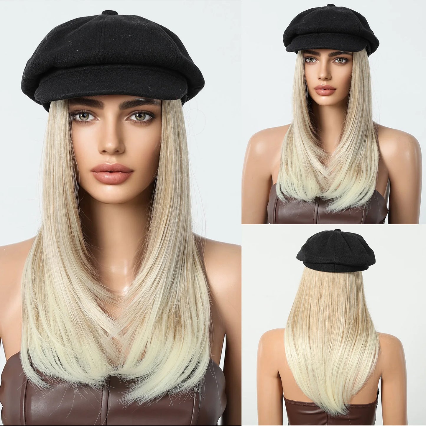 Hat Wig Blonde Hair Extension with Cap Synthetic Hair Layered Straight Wig for Women Daily Natural Heat Resistant Easy to Use