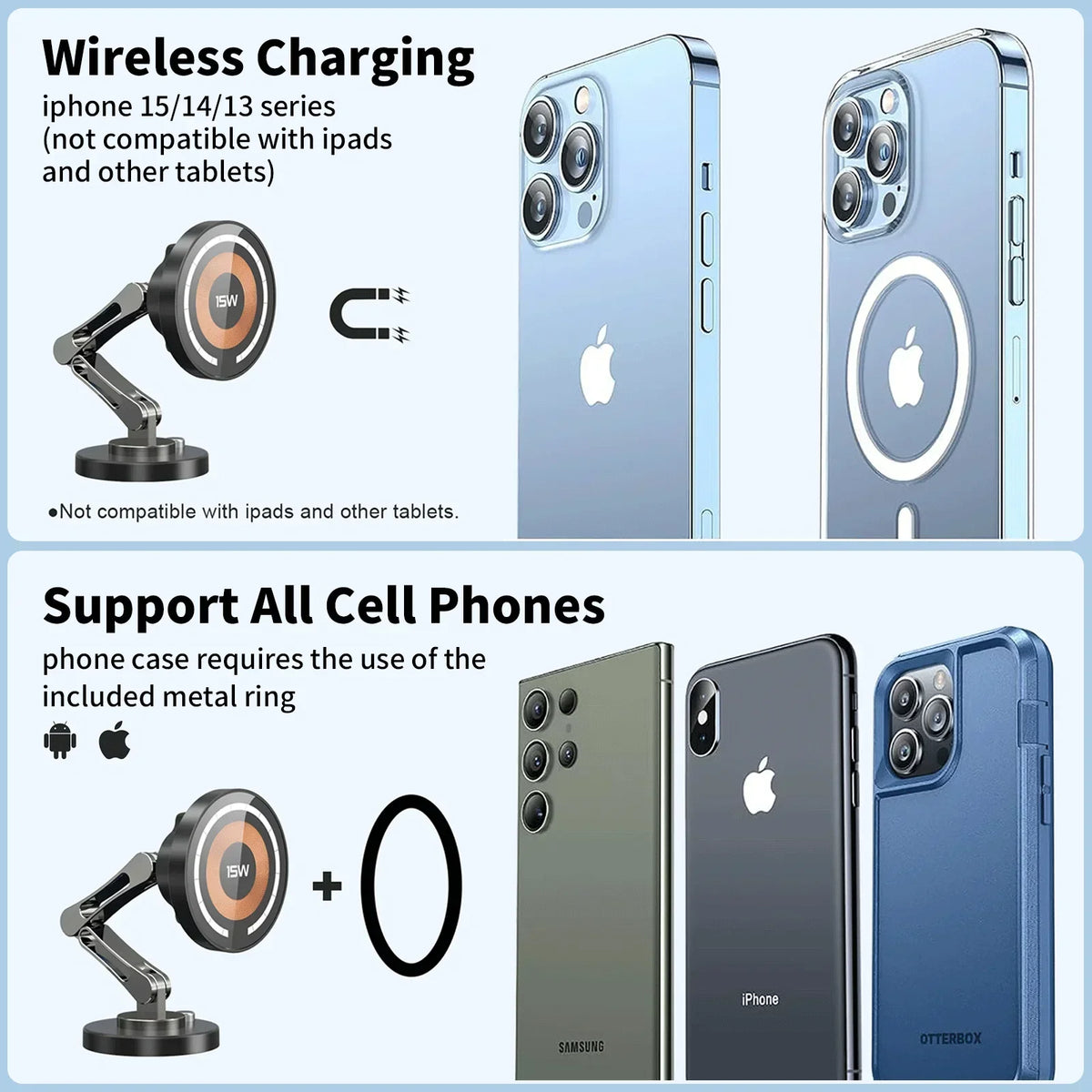 15W Magnetic Car Phone Holder Mount Wireless Charger Fast Charging Rotation Magnetic Car Phone Stand for IPhone 16 15 14 13 12