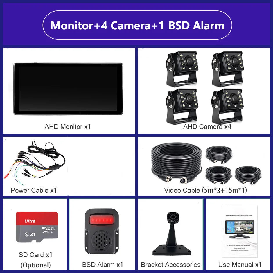 10.36 inch 4 Channel Car DVR Recorder Smart Blind Spot Radar BSD Alarm Monitor With 1080P AHD 4 Backup Cameras For Truck Bus