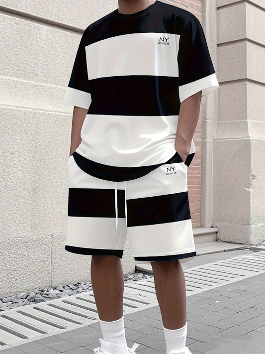Fashionable men's summer striped print micro elastic breathable round neck T-shirt shorts set outdoor casual two-piece set