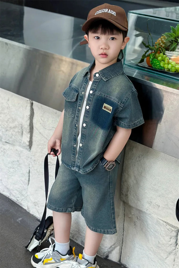 2025 Trendy Boys' Denim Set Vintage Wash Short Sleeve Shirt & Shorts 2-Piece Summer Outfit