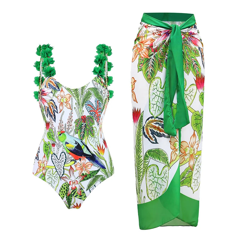 2024 Sexy Sling Ruffle Solid Two Pieces Bikini Women High Waist 3D Flower Swimsuit Skirt Summer Backless Beachwear Bathing Suit