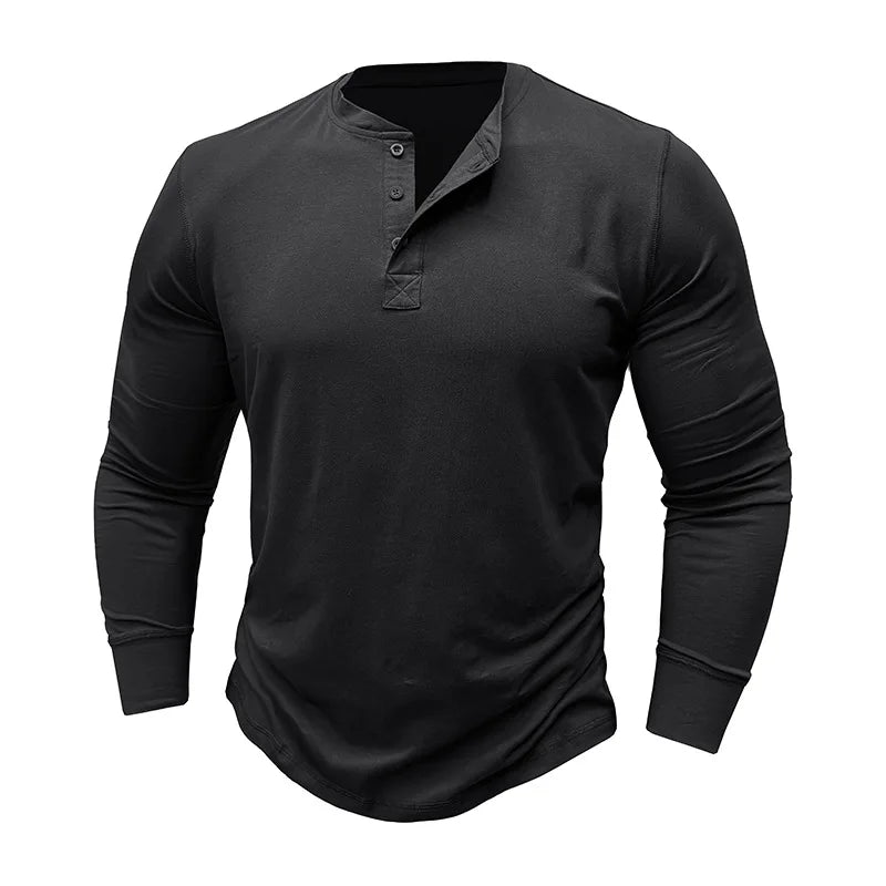 SHiONFA Spring Men's Long Sleeved T-shirt Casual Soft Cotton Base Shirt Placket Front Button Solid Color Pullover