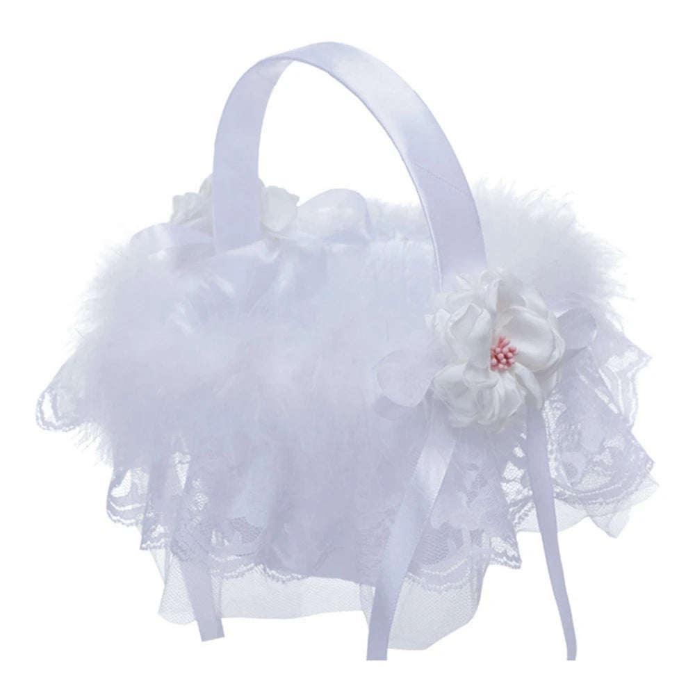 White Flower Girls Basket Simple Wedding Flower Basket  Bride Bridesmaid Hand Held Basket Wedding Ceremony Party Decorations