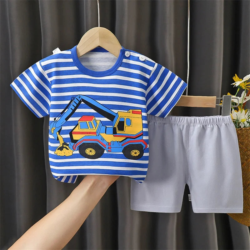 Kids Stripe T-Shirt + Shorts 2-Piece Clothing Set Summer Baby Boy Girl Cotton Cartoon Pajama Casual Tracksuit Clothes Suit 0-6 Y