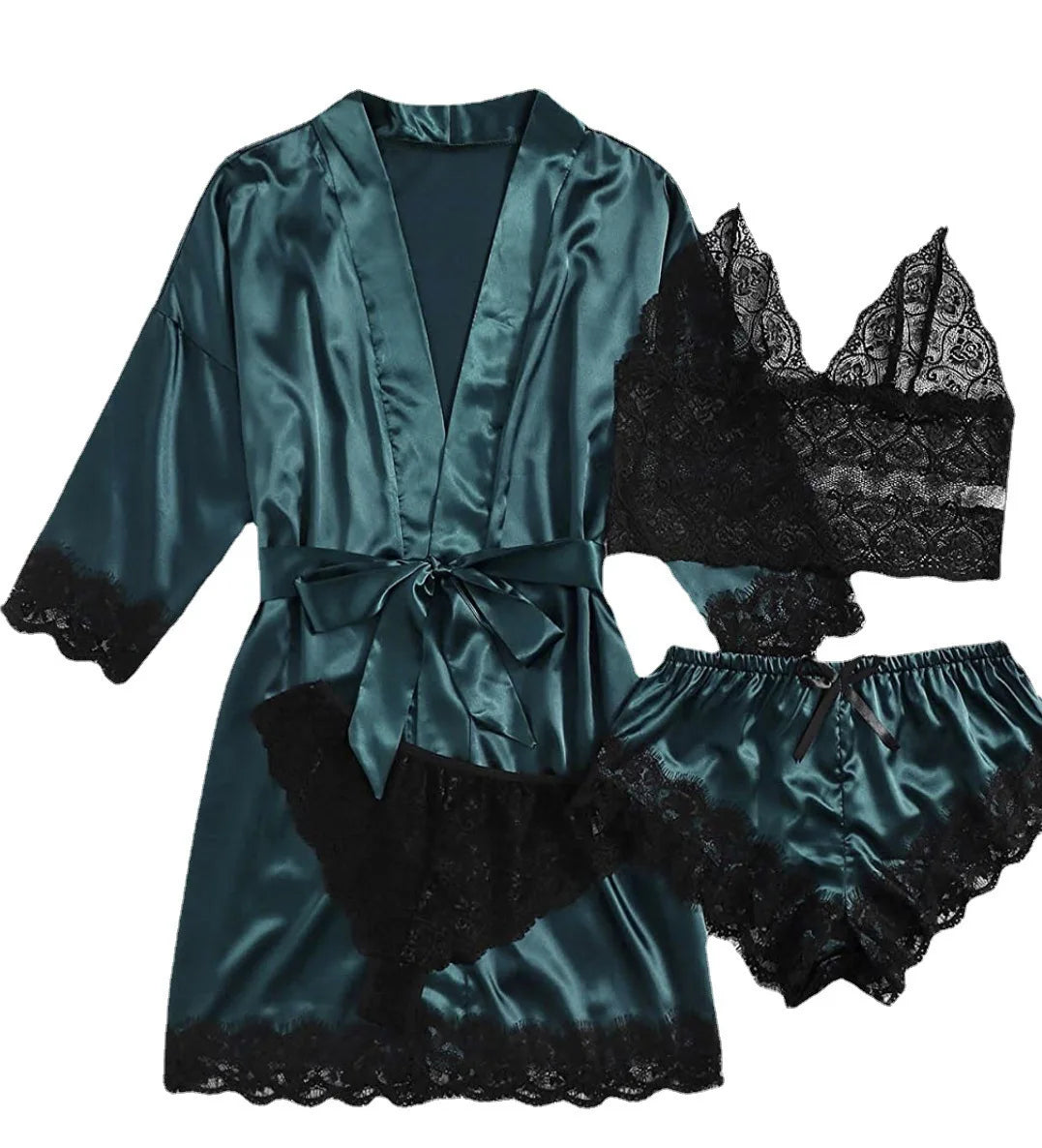 Women' Silk Satin Pajamas Set 4pcs Lingerie Lace Sleepwear With Robe Nightgown Long Sexy night-robe V-neck Nightdress Suit
