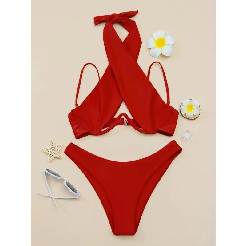 Sexy Bikini Women Cross Halter Underwire Swimsuit Split Push Up Bikini Set Female Bathers Swimming Summer Beachwear Bathing Suit