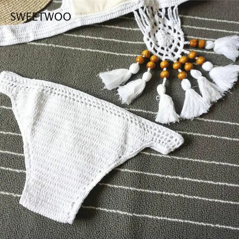 Bikini 2024 Knitting Swimsuit Crochet Bohemia Style Off Shoulder High Neck Bathing Beach Handmade Crochet