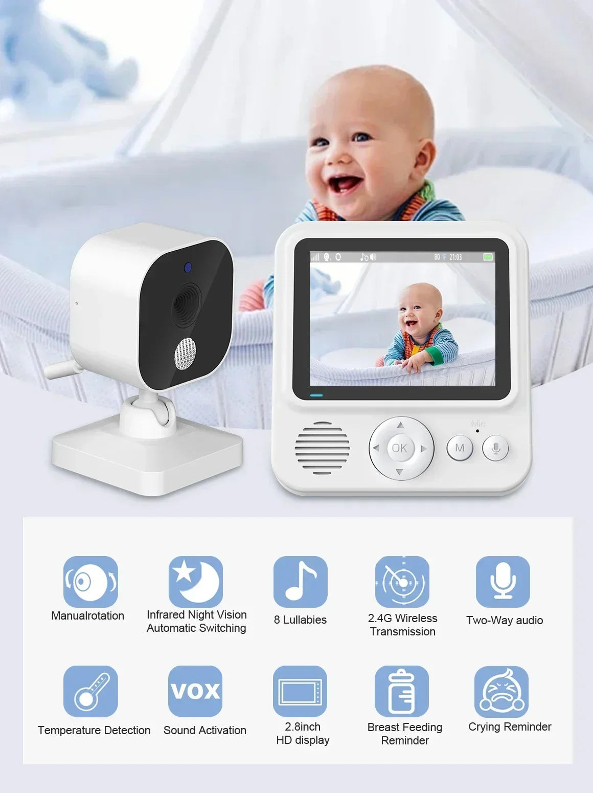 Cdycam Wireless Baby Monitor 2.8 Inch Surveillance Smart Baby Camera Security Protection Two Way Audio Night Vision Babysitte