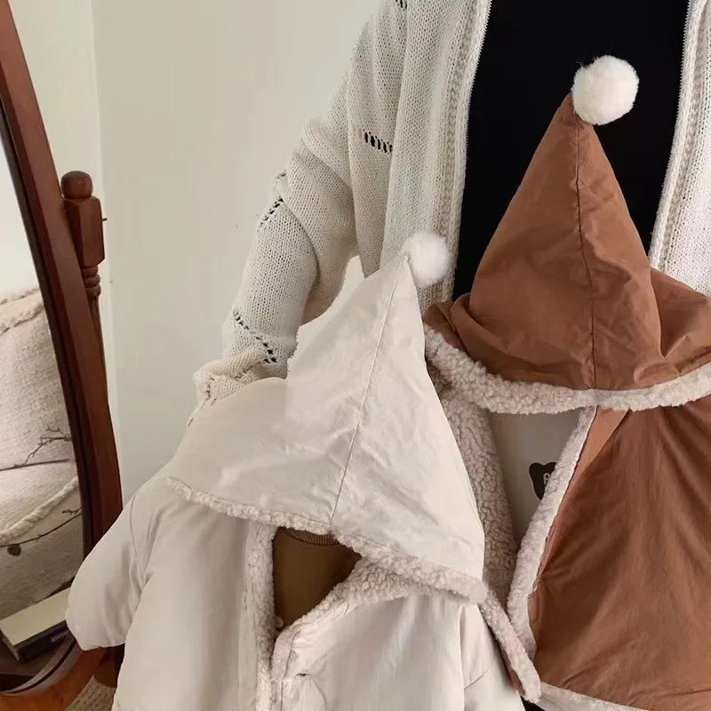 2024 Winter New Baby Warm Lamb Cashmere Hooded Coat Solid Versatile Boys Girls Padded Jacket Plus Velvet Thick Infant Clothes