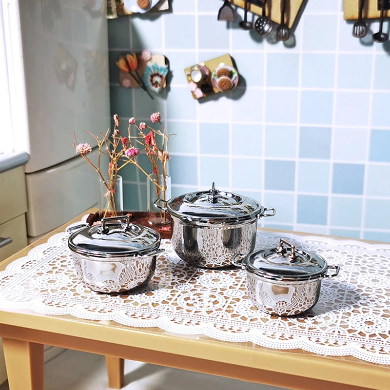 1Pcs 1/12 Dollhouse Miniature Imitated Stainless Steel Casserole Kitchen Cookware