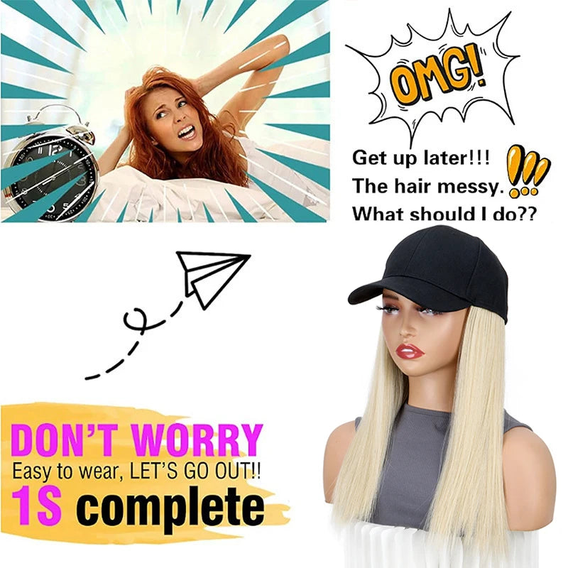 Synthetic 18Inch Long Straight Sports Style Baseball Hat Cap Wigs  Adjustable Comfortable Hair Extension for Women Daily Use