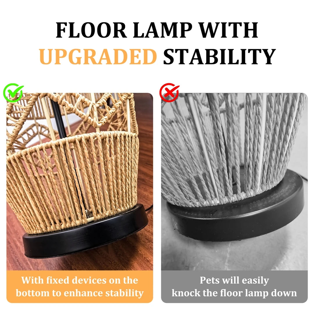 Boho Rattan Floor Lamp Hand-Woven with LED Light Bar, Corner Reading Lamp for Living Room Bedroom