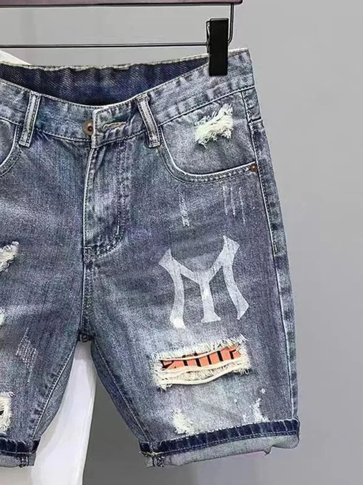 New Korean Style Clothes Luxury Washed Distressed Boyfriend Men's Casual Summer Denim Jeans Distressed Holes Prints Shorts Male