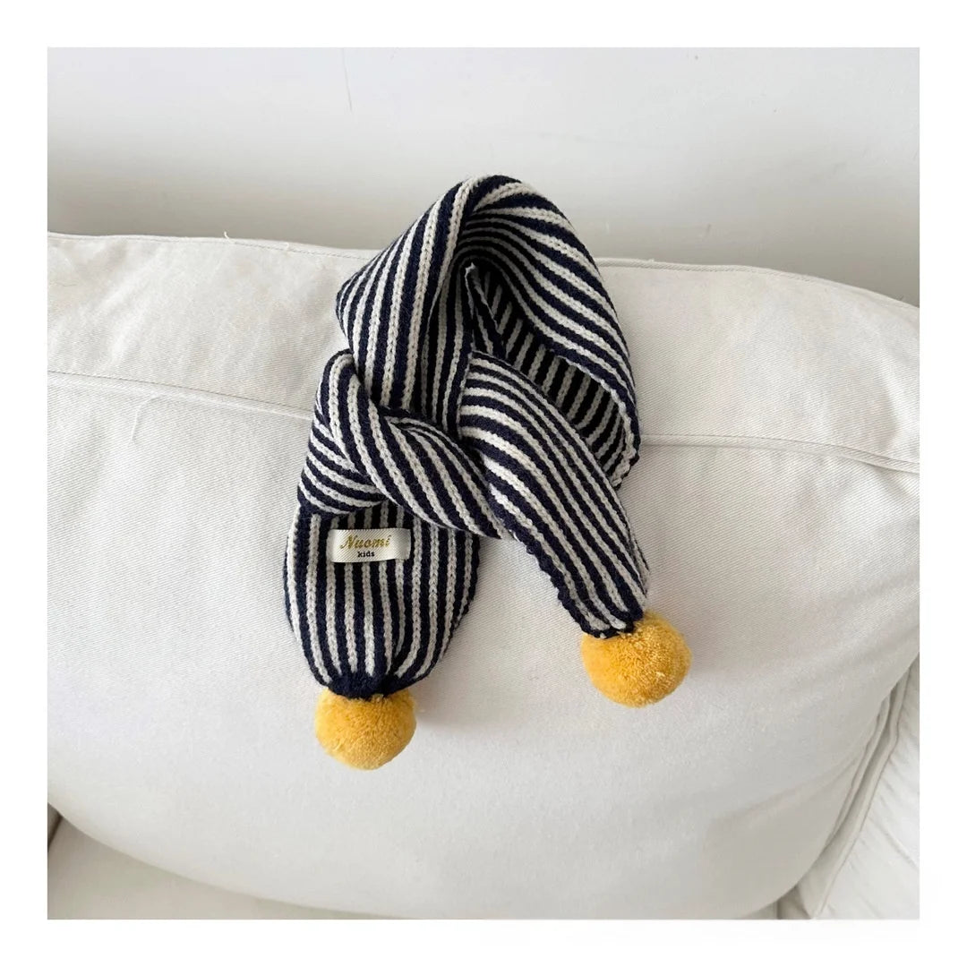 Warm Winter Neck Warmer 2025 Kids Striped Knitted Scarf with Cute Pom Poms Soft Fashion Accessory for Baby Toddler Boys Girls