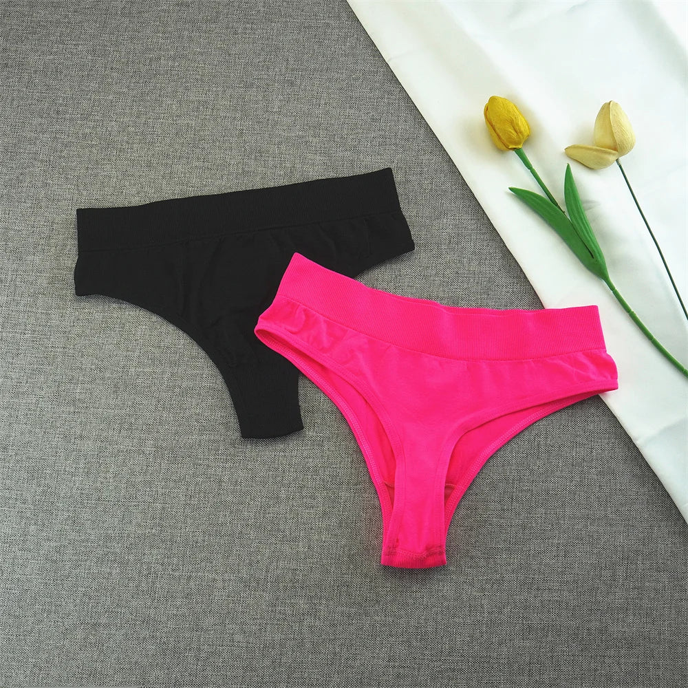 2pcs High Elastic Women T-back Seamless Plus Size Sports Underwear Solid Color Mid Waist Sexy Thong Europe Size S/M/L/XL/XXL