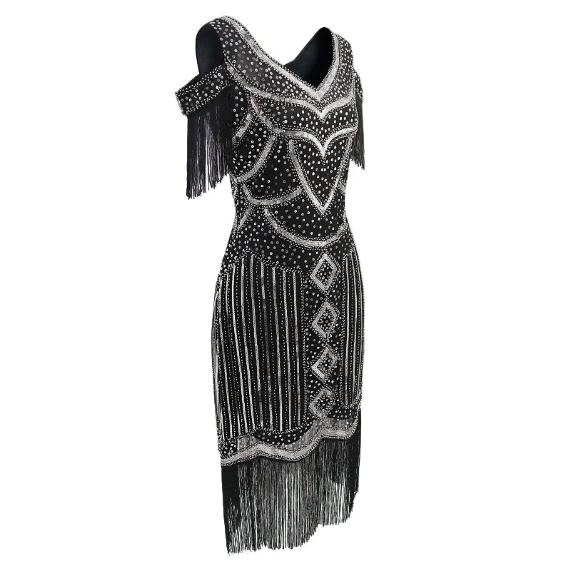 Women Fringe 1920s Flapper Dress 20s Gatsby Themed Party Dress Vintage V-neck Off Shoulder Sequin Beaded Cocktail Dress