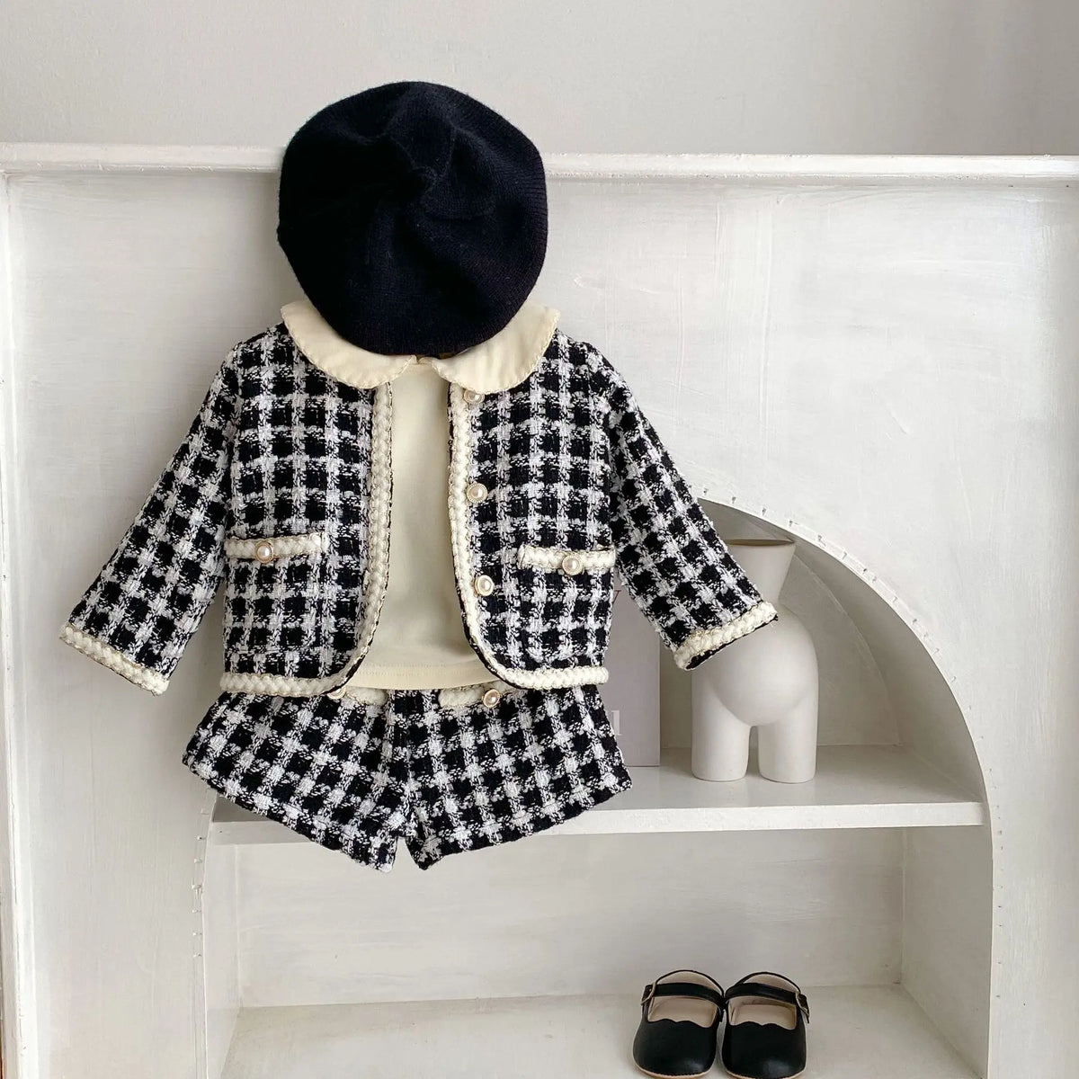Girl Clothing Set 2026 Spring Baby Tweed Plaid Girl's Two Piece Suit Jacket+ Short Pants Sweet Girl's Suit