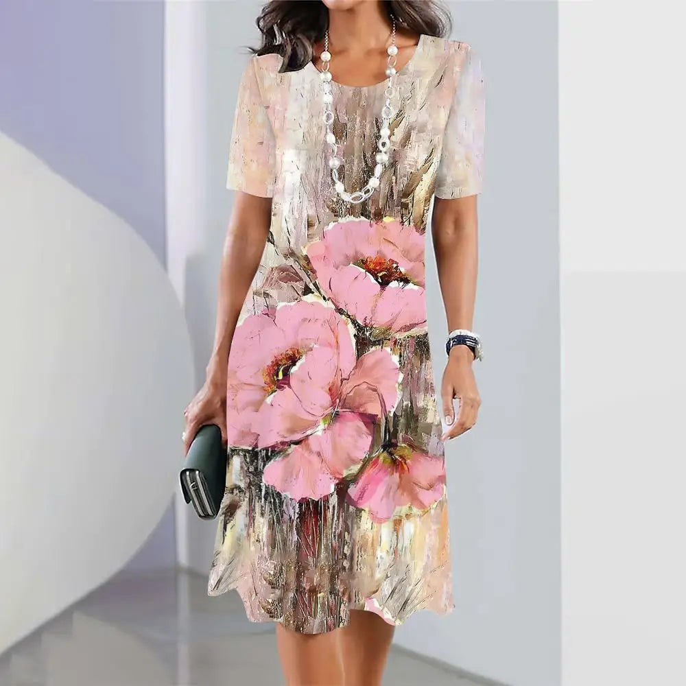 2024 New Spring Women's Dresses Floral Printed Elegant Casual Short Sleeve Dresses Fashion Oversized Women's Dresses