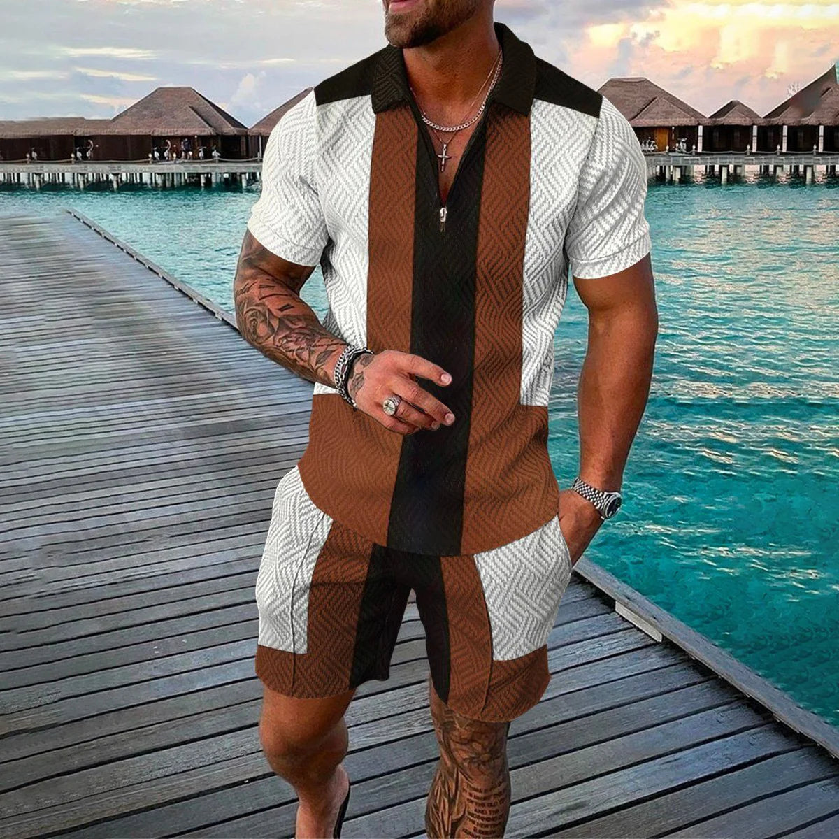 Men Tracksuit Summer New 3D Printed Beach Zipper Polo Shirts Shorts 2 Pcs Sets Boho Geometric Style Holiday Clothing Ropa Hombre