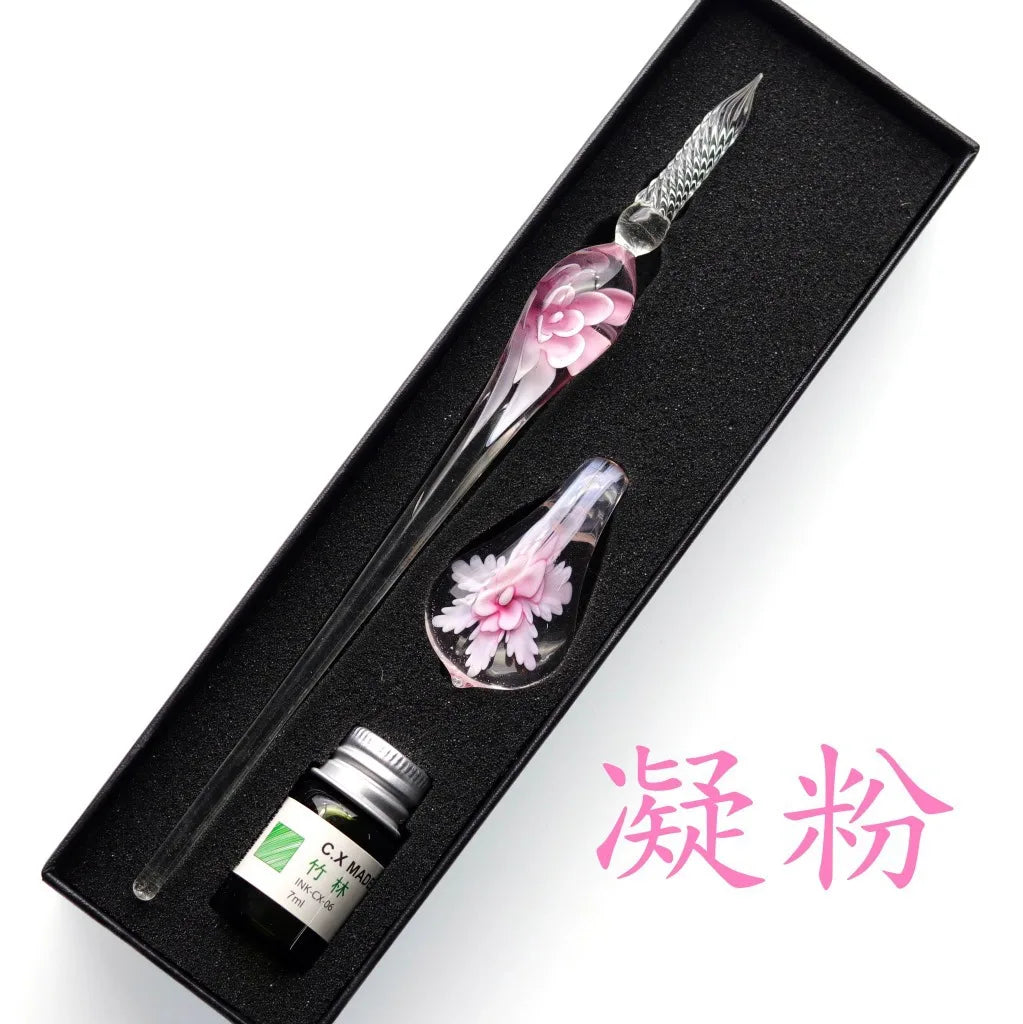 Embedded flower glass pen set, colored dipping pen, street vendor gift box, signature pen, glass pen gift