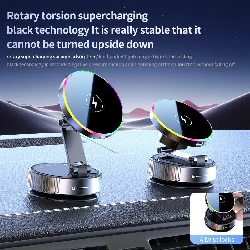 15W Vacuum Suction Magnetic Wireless Charger Car Phone Holder Mount 360 degree Rotatable Compatible with Smartphones for iPhone