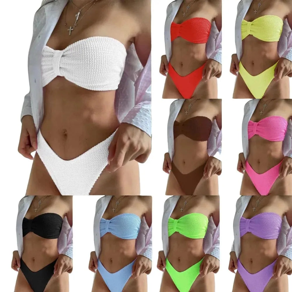 Pure Color Bikini Swimsuit Two-Piece Strapless Crossbody Women's Swimwear Trendy Beachwear Cross-Border Popular