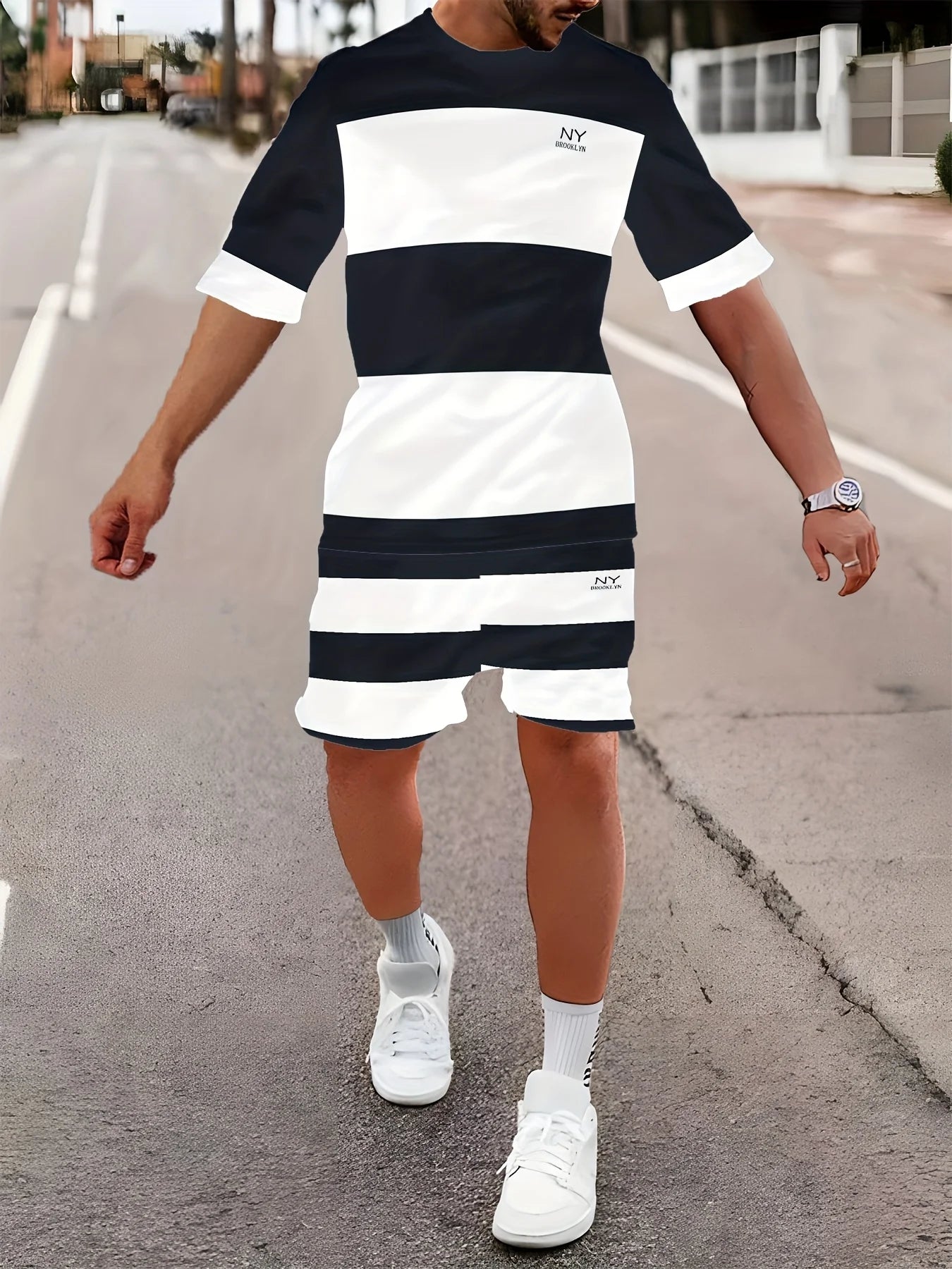 Fashionable men's summer striped print micro elastic breathable round neck T-shirt shorts set outdoor casual two-piece set