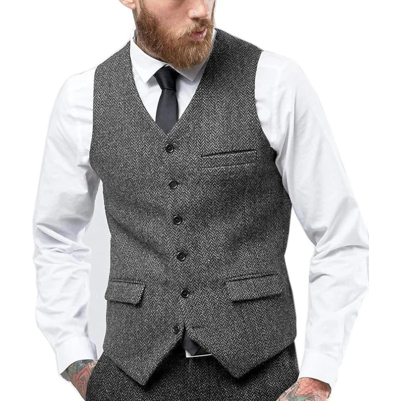 Men's Vintage Herringbone Vest | Slim Fit Wool Tweed Waistcoat for Prom/Wedding (Classic Retro Style)   Herringbone Weave