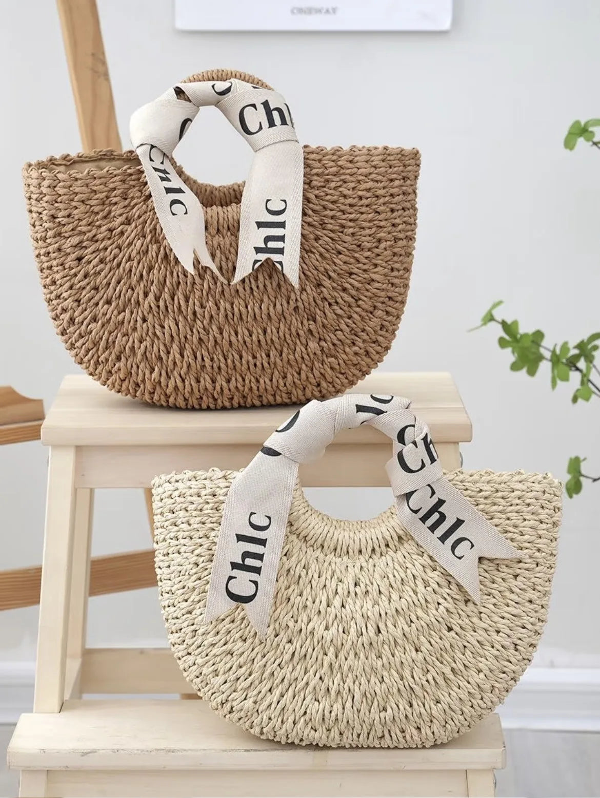 Hand Woven Straw Semicircle Tote Bag Large Capacity Handheld Crossbody 2-in-1 Beach Vacation Fashion Bag for Women
